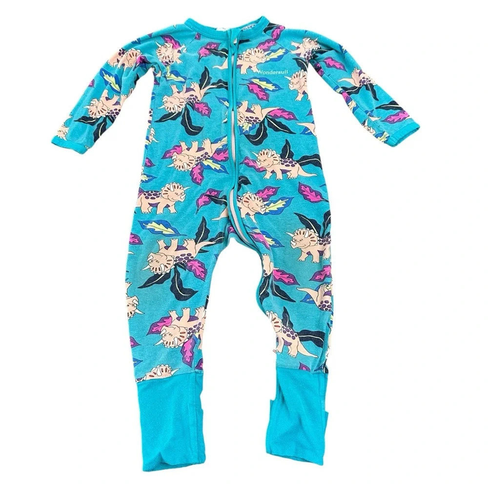 Bonds size 1 12-18 months Blue Triceratops Dinosaur Wondersuit Zip Up Pajamas